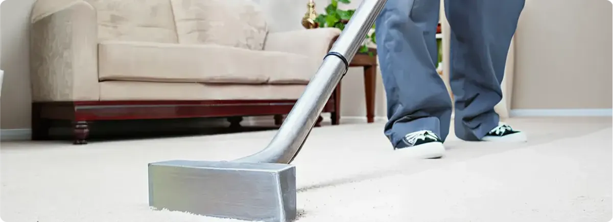 Carpet cleaning technician using a hot-water extraction wand on a light-colored carpet in a living room, Raleigh, NC.